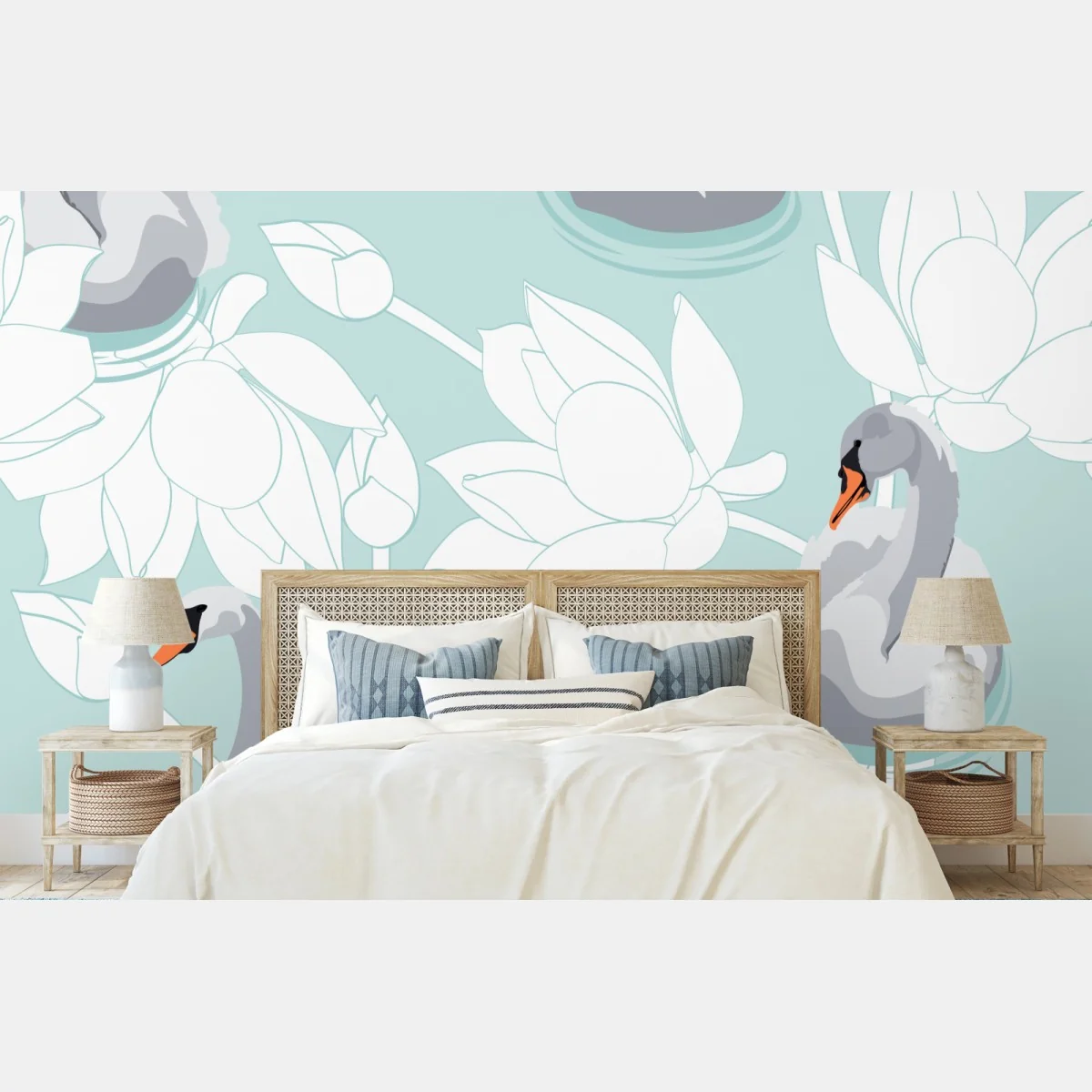 Fototapete sanfte schwäne und lotusblumen – Wallnifity®