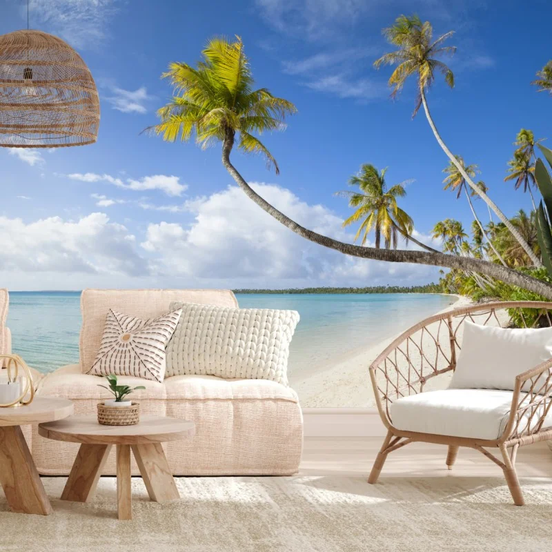 Fototapete tropischer türkisblauer strand mit geneigter palme – Wallnifity® Fototapete tropischer türkisblauer strand mit geneigter palme – Wallnifity®