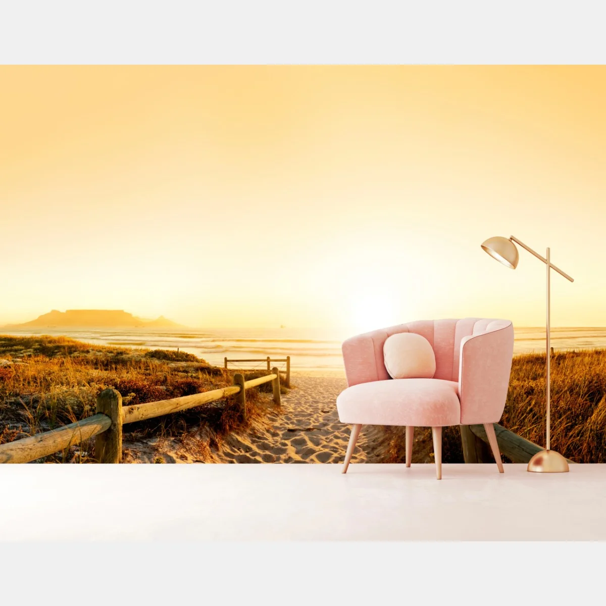 Fototapete goldenes sonnenuntergangspanorama am strand mit Tafelberg – Wallnifity® Fototapete goldenes sonnenuntergangspanorama am strand mit Tafelberg – Wallnifity®