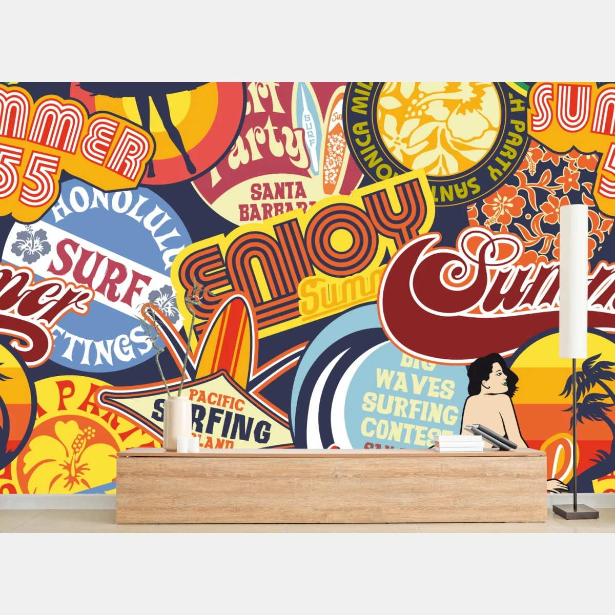 Fototapete retro surf aufkleber-collage – Wallnifity® Fototapete retro surf aufkleber-collage – Wallnifity®