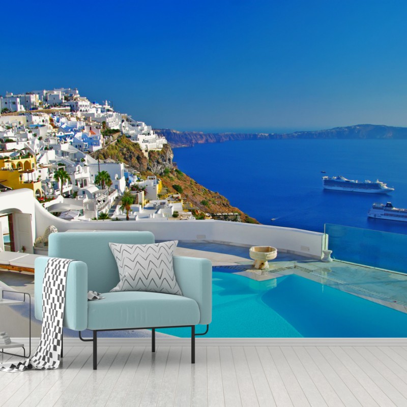 Fototapete Santorini meerblick mit pool