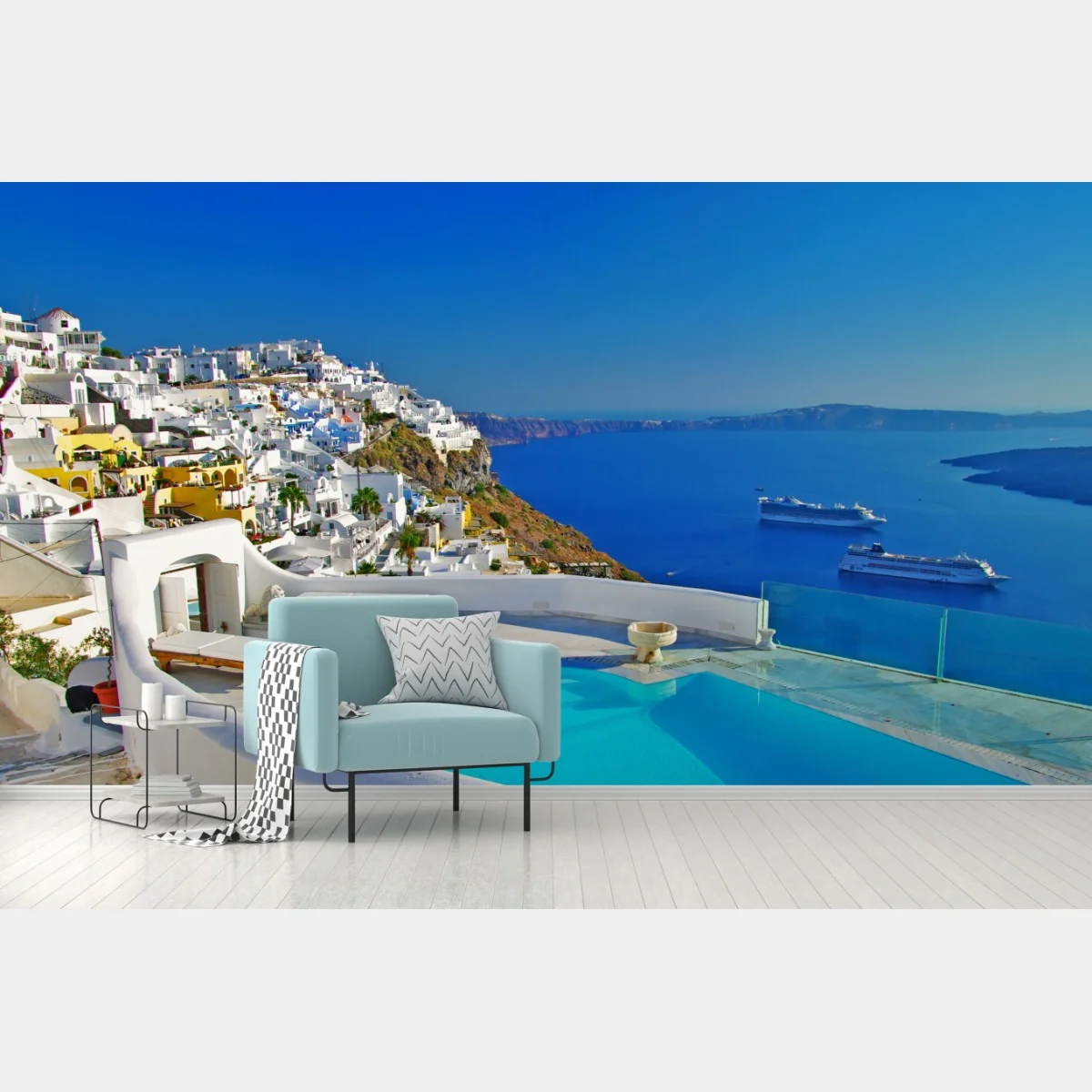 Fototapete Santorini meerblick mit pool – Wallnifity®