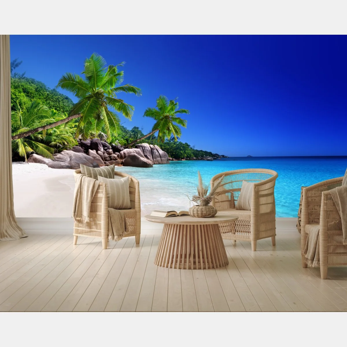 Fototapete tropischer strand mit türkisfarbenem wasser und palmen – Wallnifity® Fototapete tropischer strand mit türkisfarbenem wasser und palmen – Wallnifity®