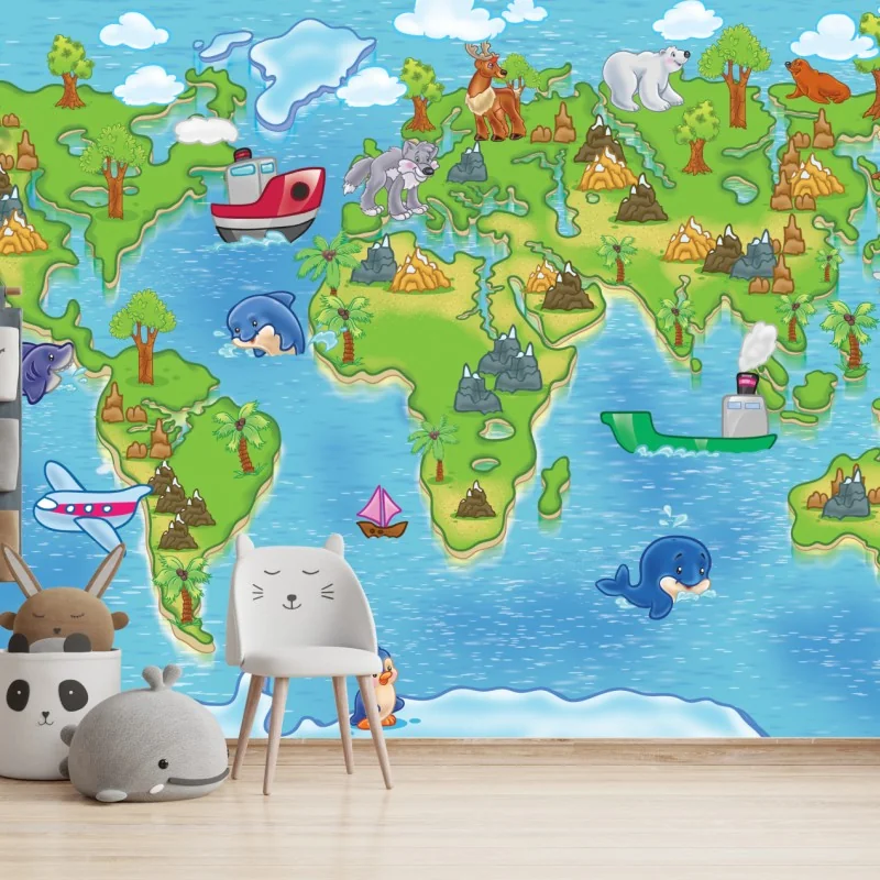 Fototapete niedliche cartoon-weltkarte für kinder – Wallnifity® Fototapete niedliche cartoon-weltkarte für kinder – Wallnifity®