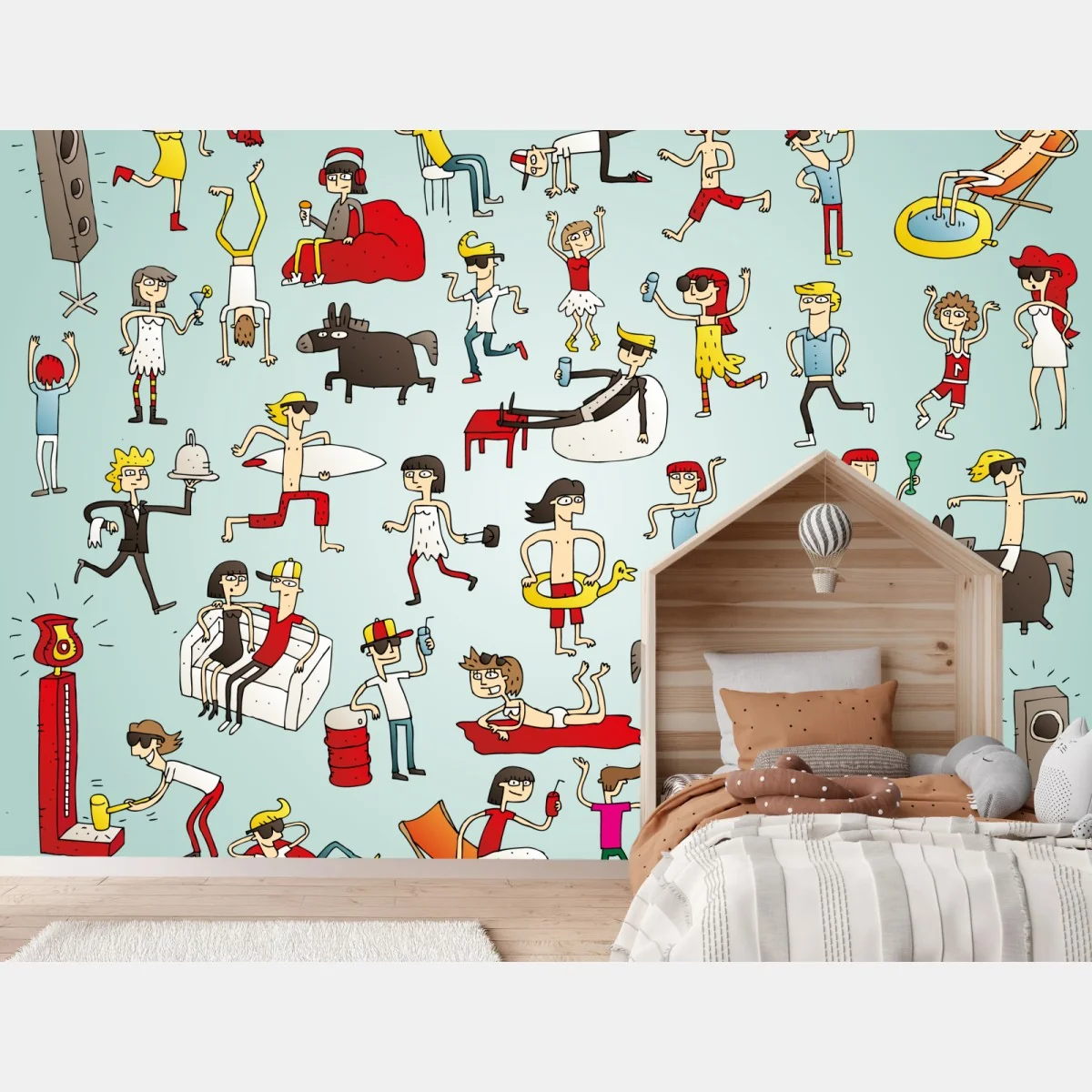 Fototapete verspielte cartoonszene auf türkisem hintergrund – Wallnifity® Fototapete verspielte cartoonszene auf türkisem hintergrund – Wallnifity®