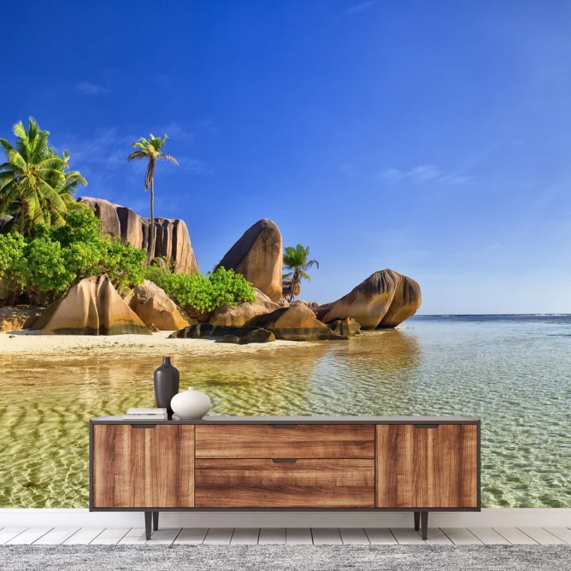 Fototapete tropischer strand mit granitfelsen und klarem wasser – Wallnifity® Fototapete tropischer strand mit granitfelsen und klarem wasser – Wallnifity®