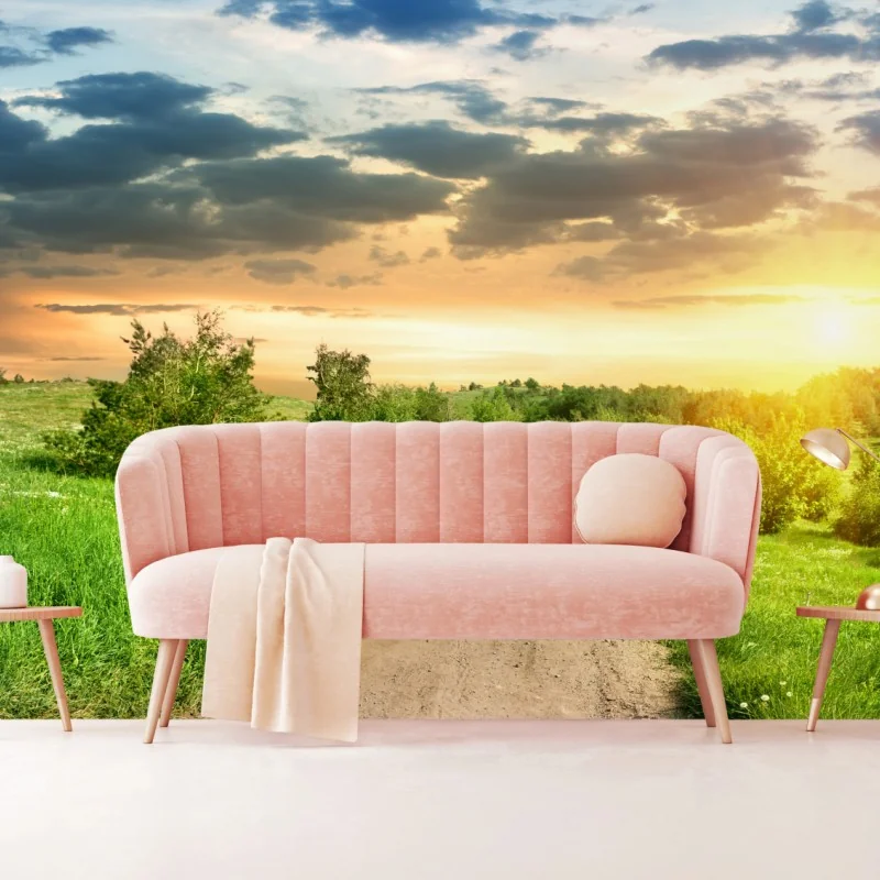 Fototapete sonnenuntergang über einem feldweg durch grüne wiese – Wallnifity® Fototapete sonnenuntergang über einem feldweg durch grüne wiese – Wallnifity®