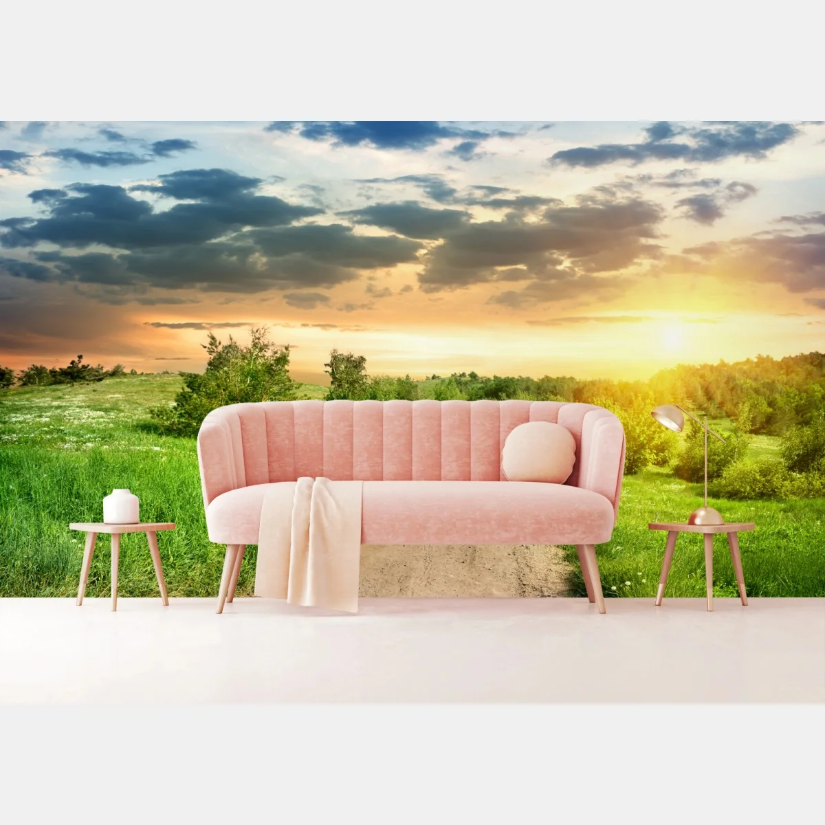 Fototapete sonnenuntergang über einem feldweg durch grüne wiese – Wallnifity® Fototapete sonnenuntergang über einem feldweg durch grüne wiese – Wallnifity®
