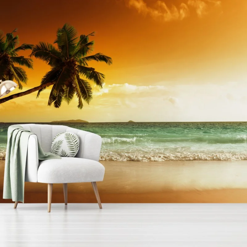 Fototapete karibischer sonnenuntergang am strand mit palmen