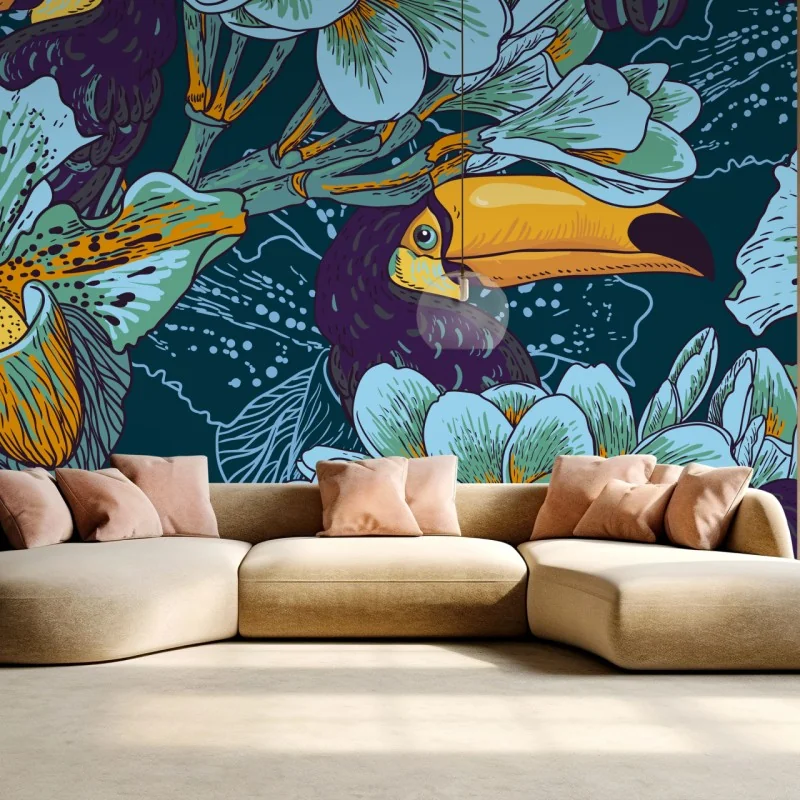 Fototapete tropisches tukan-blumenmuster