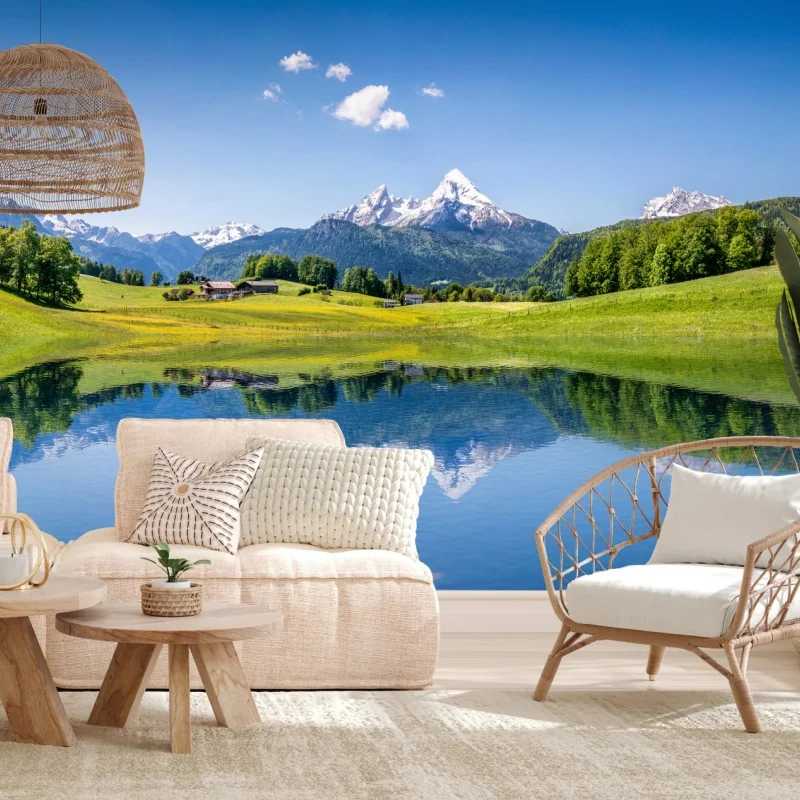 Fototapete alpenpanorama mit spiegelung im see