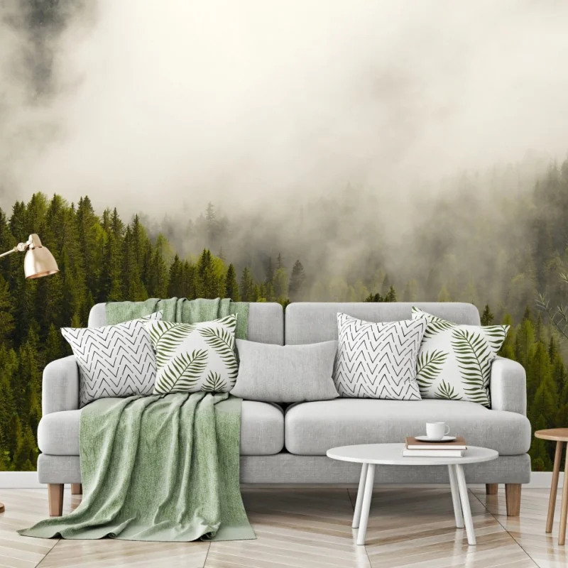 Fototapete nebliger nadelwald im morgengrauen