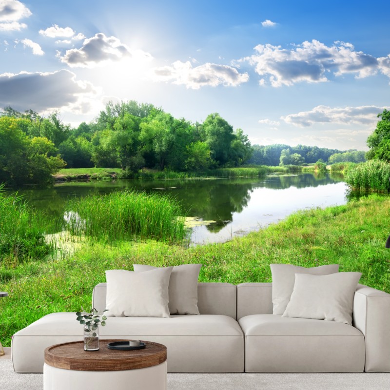 Fototapete sonnige wiese am fluss – Wallnifity® Fototapete sonnige wiese am fluss – Wallnifity®