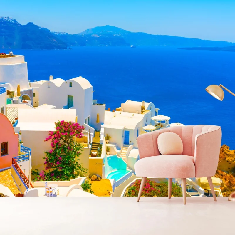 Fototapete sonniger blick auf Santorini mit weißen häusern und blauem meer