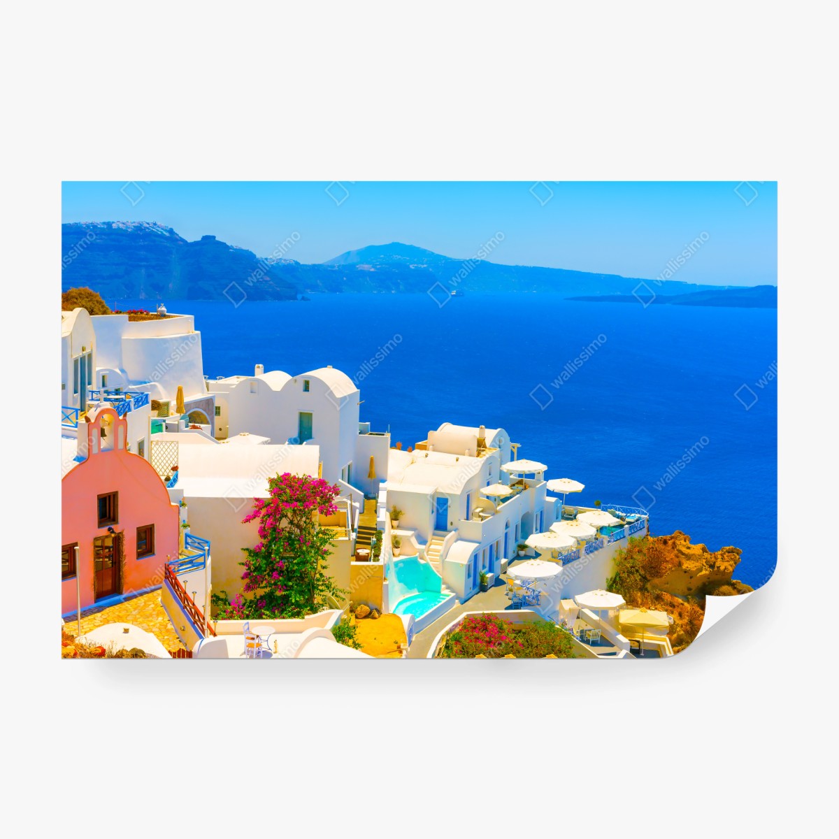 Fototapete sonniger blick auf Santorini mit weißen häusern und blauem meer – Wallnifity®