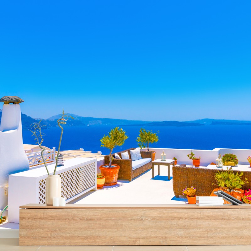 Fototapete terrasse in Oia mit meerblick, Santorini