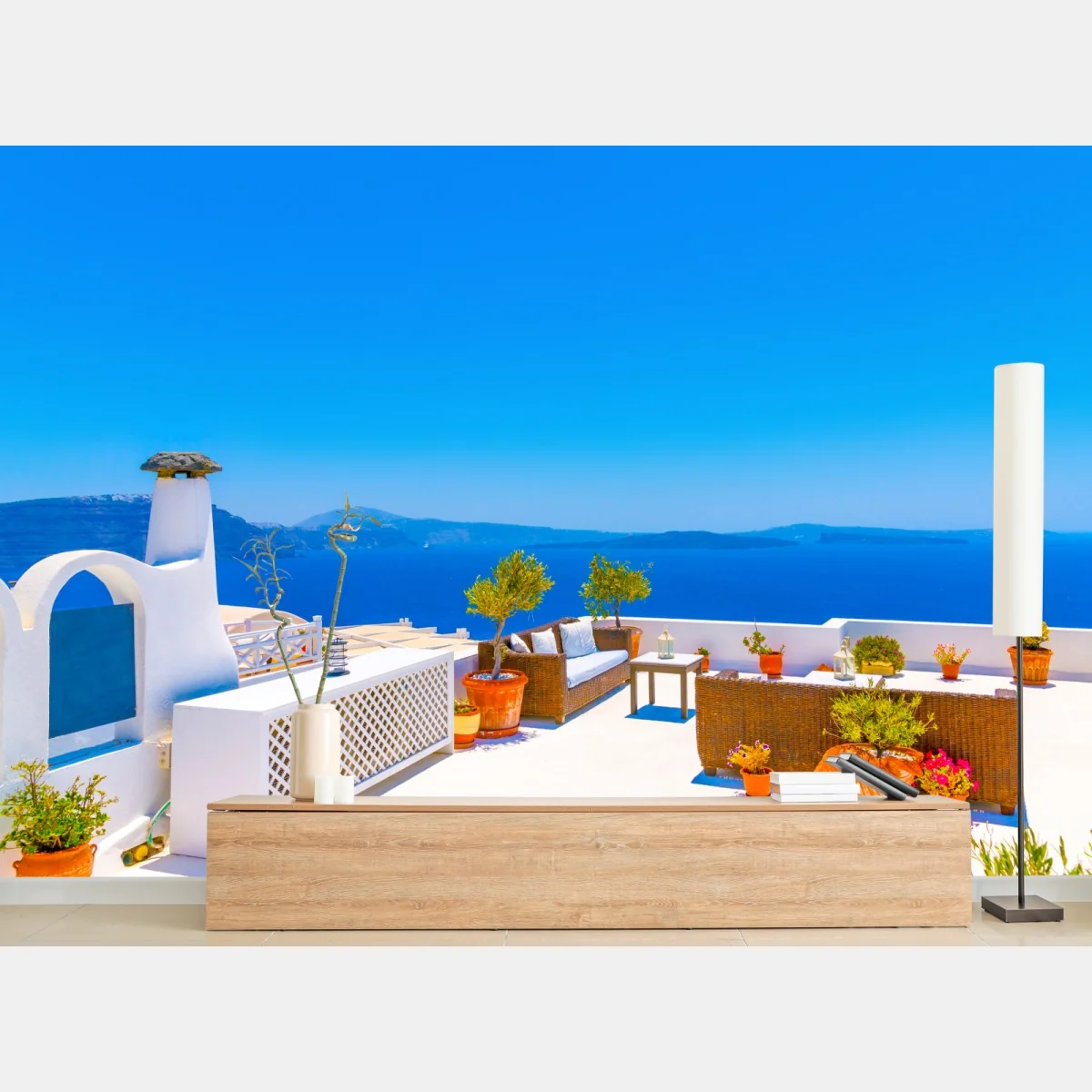 Fototapete terrasse in Oia mit meerblick, Santorini – Wallnifity® Fototapete terrasse in Oia mit meerblick, Santorini – Wallnifity®