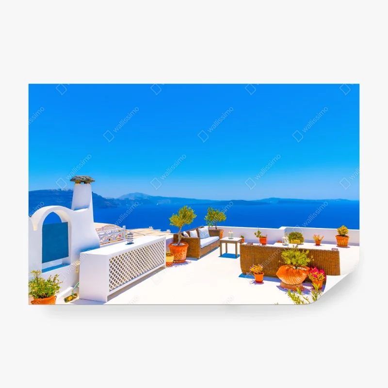Fototapete terrasse in Oia mit meerblick, Santorini