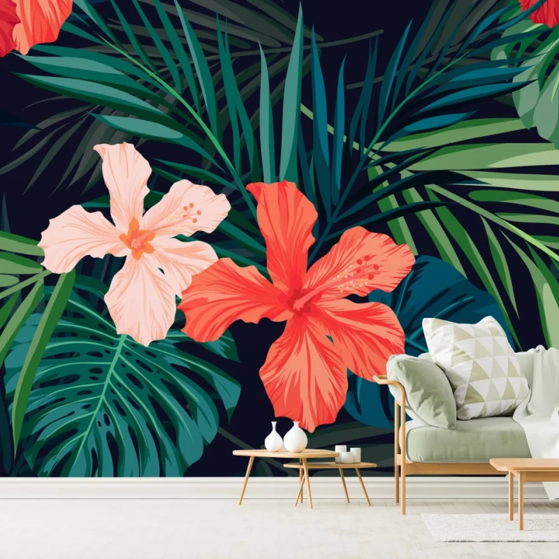 Fototapete tropisches hibiskus-botanikmuster