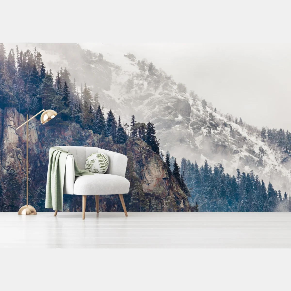 Fototapete nebliger berg mit felsklippe und kieferwald – Wallnifity® Fototapete nebliger berg mit felsklippe und kieferwald – Wallnifity®