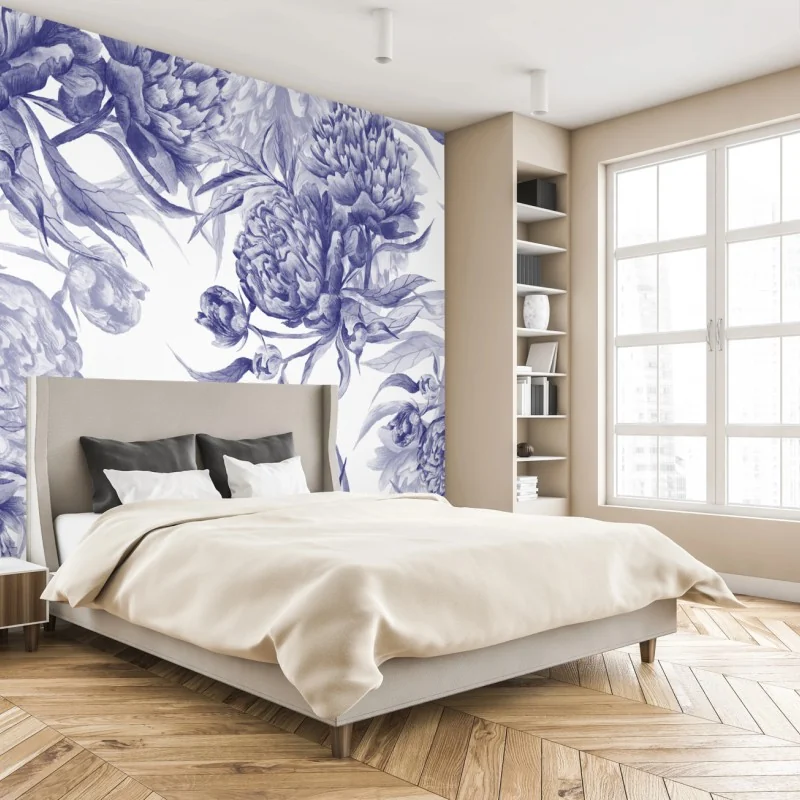 Fototapete blaue pfingstrosen botanisches muster – Wallnifity®