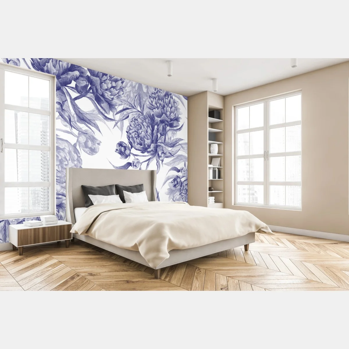 Fototapete blaue pfingstrosen botanisches muster – Wallnifity®