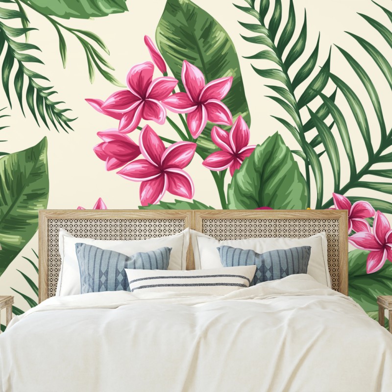 Fototapete tropisches muster mit rosa hibiskus