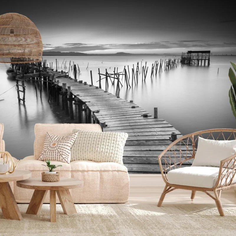 Fototapete ruhiger hölzerner steg bei dämmerung