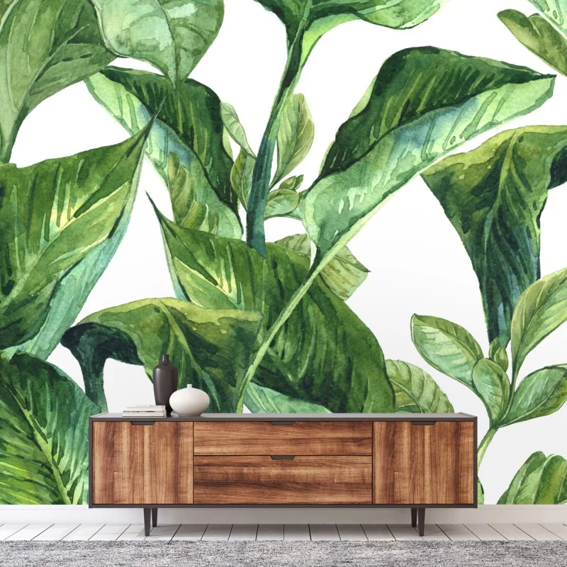 Fototapete üppiges aquarellmuster tropischer blätter