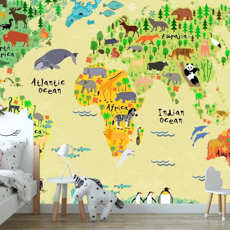 Fototapete bunte weltkarte mit tieren