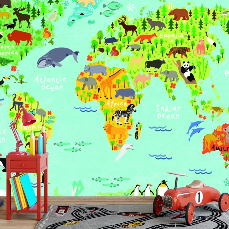 Fototapete bunte weltkarte mit tieren