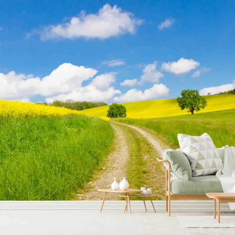 Fototapete sonniger landeweg durch gelbe felder – Wallnifity® Fototapete sonniger landeweg durch gelbe felder – Wallnifity®