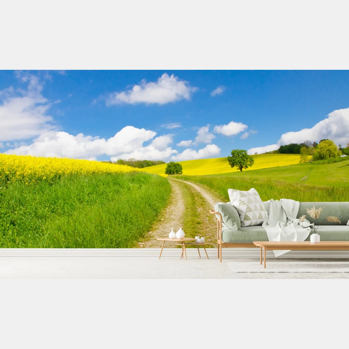 Fototapete sonniger landeweg durch gelbe felder – Wallnifity® Fototapete sonniger landeweg durch gelbe felder – Wallnifity®