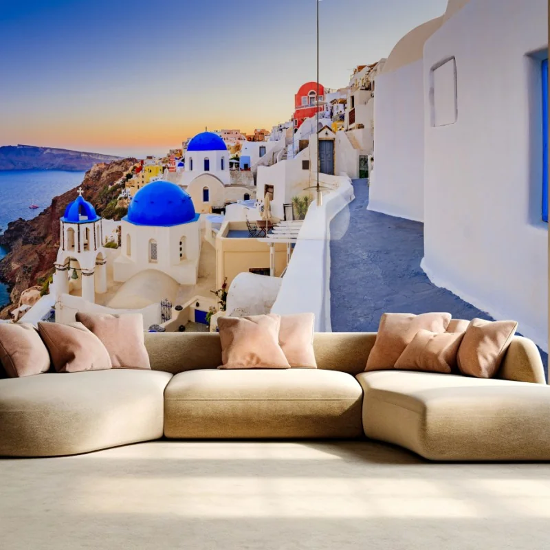 Fototapete Santorini sonnenuntergang über blauen kuppeln