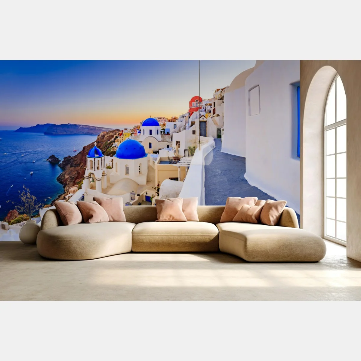 Fototapete Santorini sonnenuntergang über blauen kuppeln – Wallnifity®