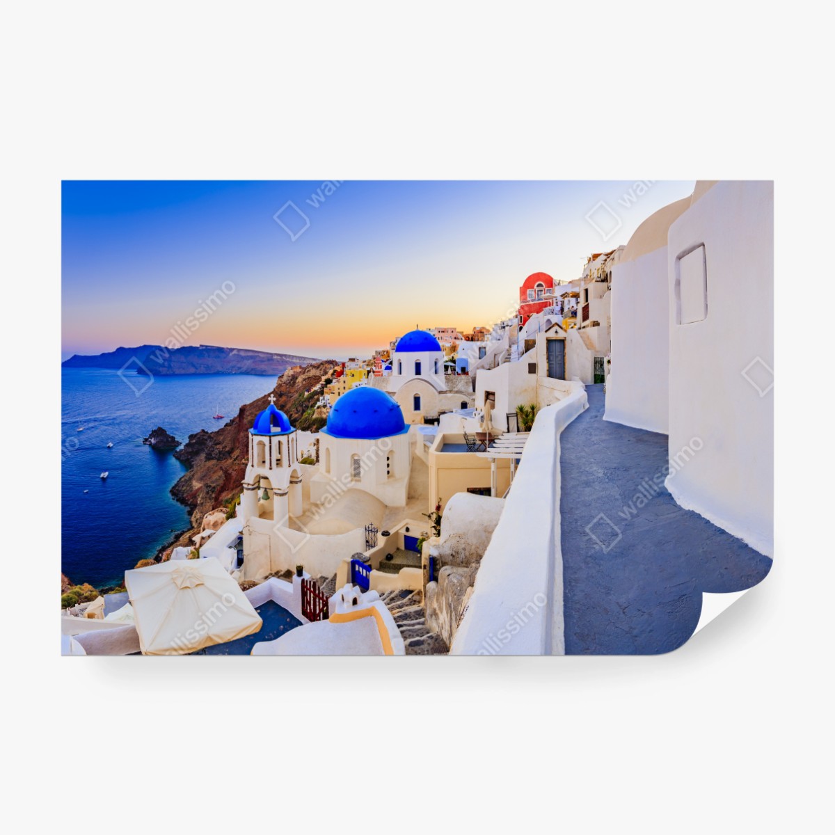 Fototapete Santorini sonnenuntergang über blauen kuppeln – Wallnifity®