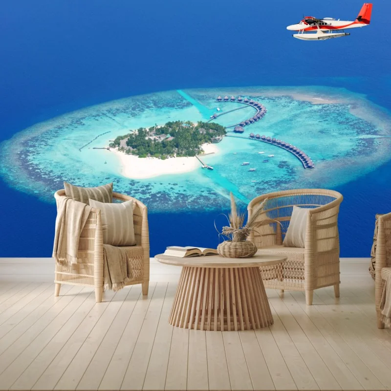 Fototapete tropische insel aus der luft mit wasserflugzeug
