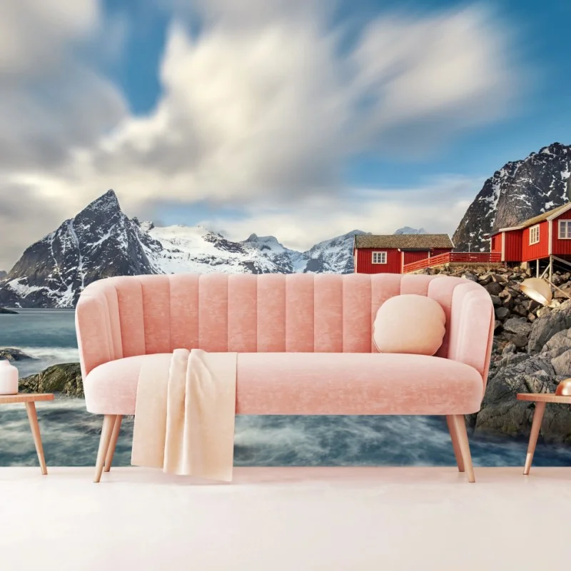 Fototapete rote hütten an verschneiten küstenbergen