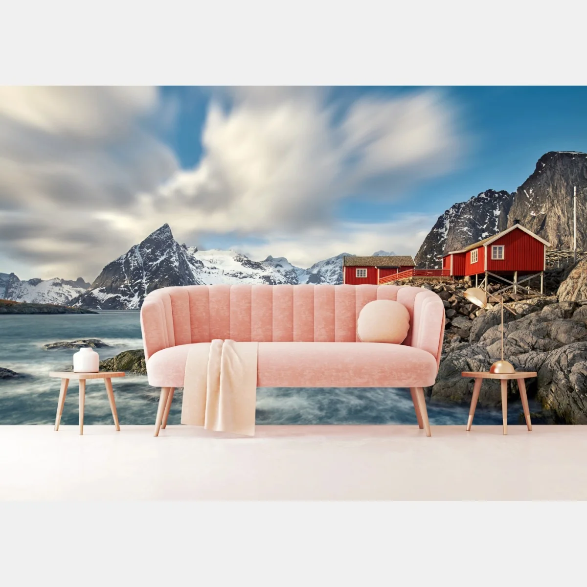 Fototapete rote hütten an verschneiten küstenbergen – Wallnifity® Fototapete rote hütten an verschneiten küstenbergen – Wallnifity®