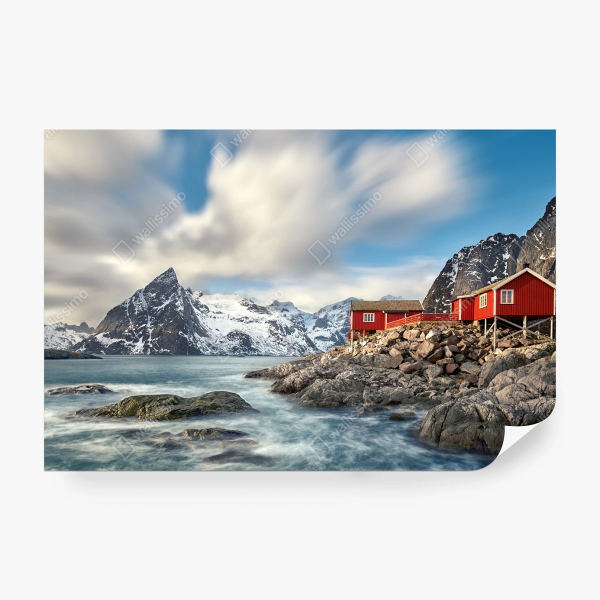 Fototapete rote hütten an verschneiten küstenbergen – Wallnifity® Fototapete rote hütten an verschneiten küstenbergen – Wallnifity®