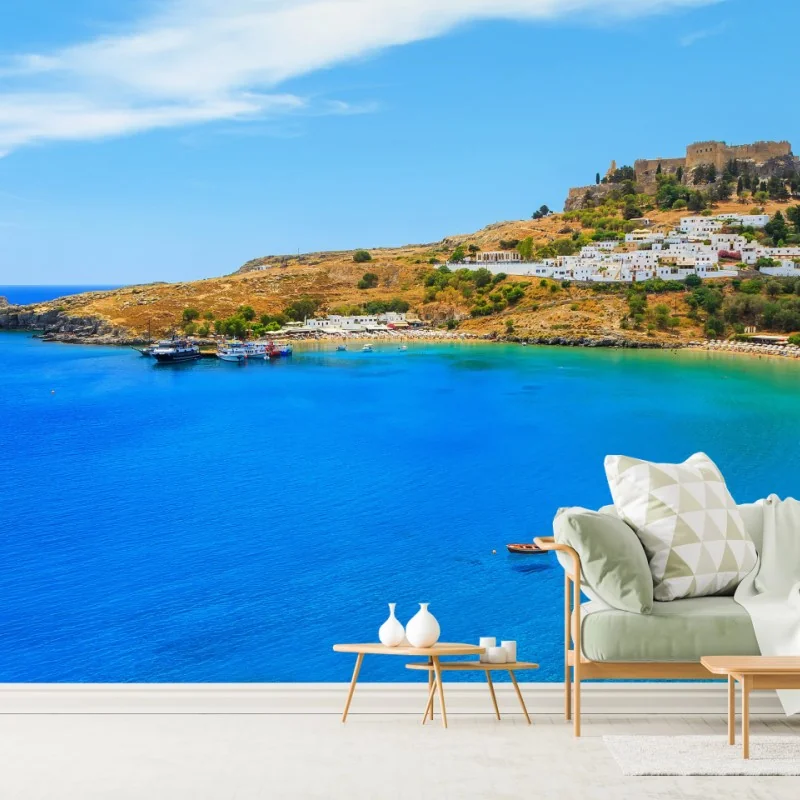 Fototapete sonnige bucht mit hügeligem küstendorf – Wallnifity® Fototapete sonnige bucht mit hügeligem küstendorf – Wallnifity®