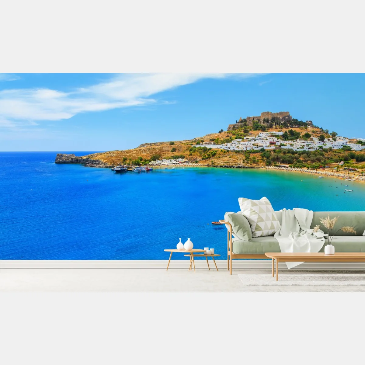 Fototapete sonnige bucht mit hügeligem küstendorf – Wallnifity® Fototapete sonnige bucht mit hügeligem küstendorf – Wallnifity®