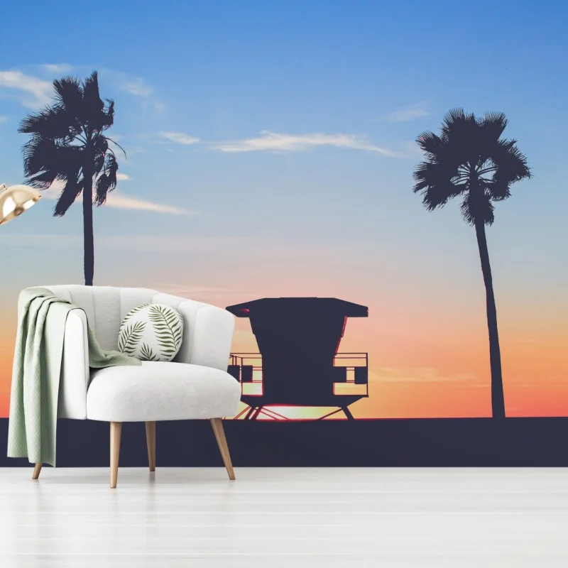 Fototapete sonnenuntergang am strand mit palmen und rettungsturm – Wallnifity® Fototapete sonnenuntergang am strand mit palmen und rettungsturm – Wallnifity®