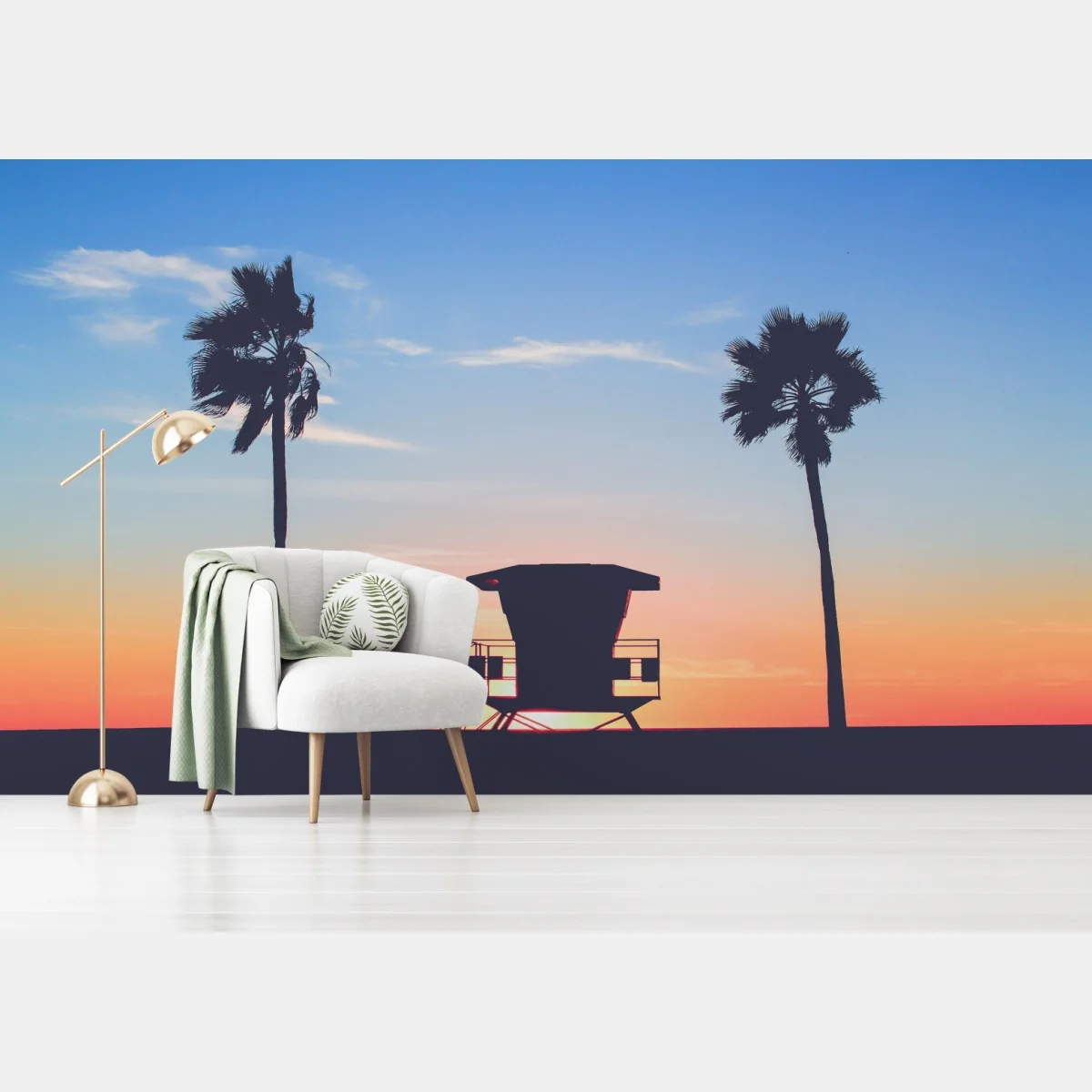 Fototapete sonnenuntergang am strand mit palmen und rettungsturm – Wallnifity® Fototapete sonnenuntergang am strand mit palmen und rettungsturm – Wallnifity®