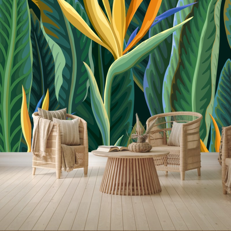 Fototapete tropische illustration mit strelitzie und üppigen blättern