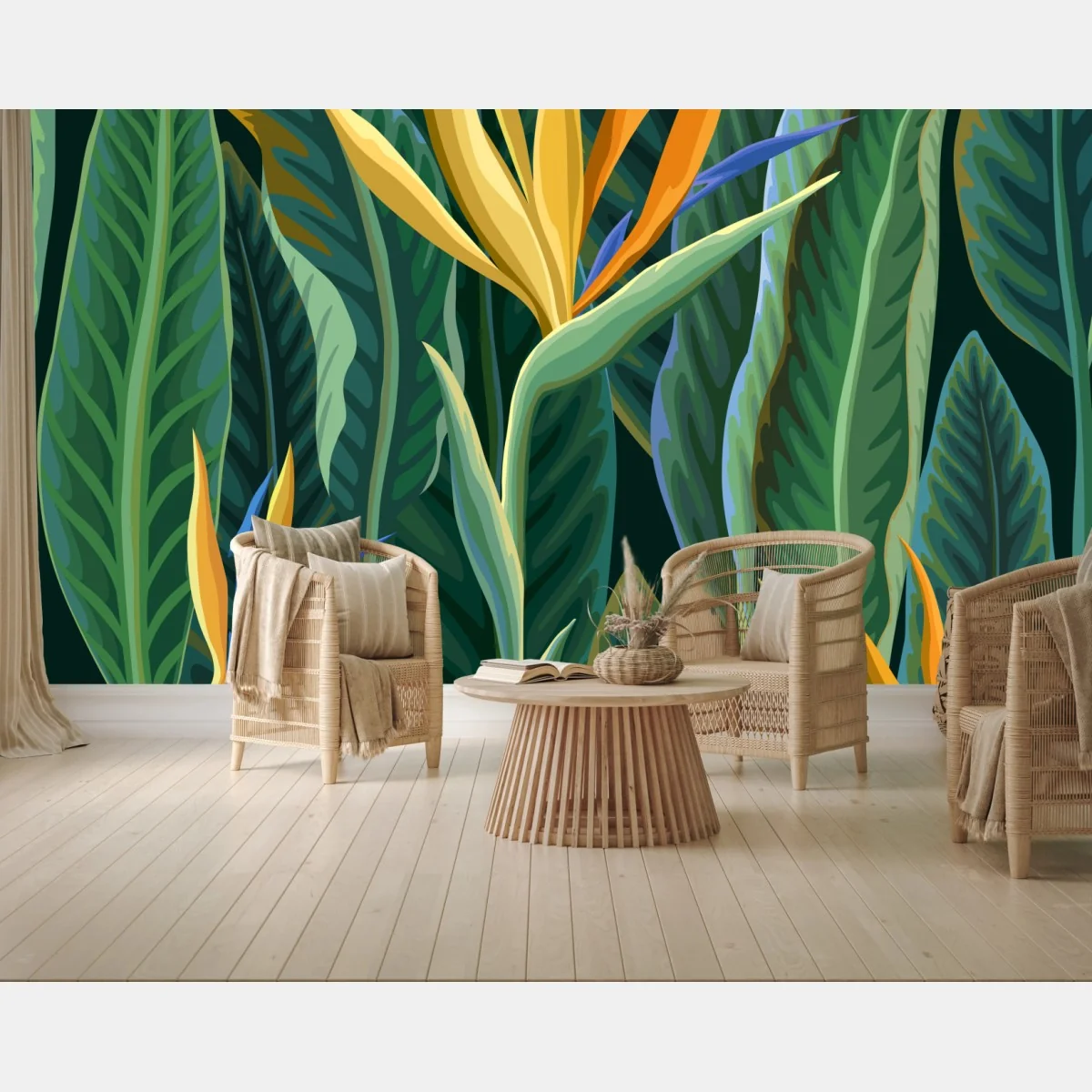 Fototapete tropische illustration mit strelitzie und üppigen blättern – Wallnifity® Fototapete tropische illustration mit strelitzie und üppigen blättern – Wallnifity®