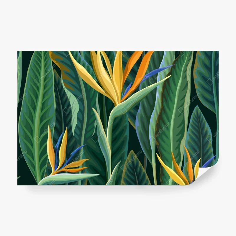 Fototapete tropische illustration mit strelitzie und üppigen blättern