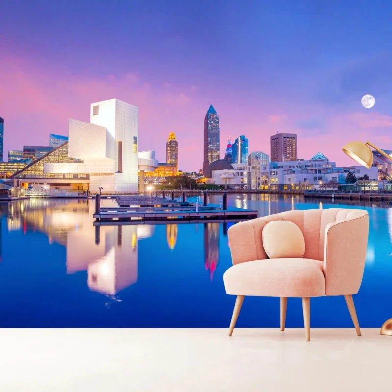 Fototapete stadtskyline von Cleveland bei dämmerung – Wallnifity® Fototapete stadtskyline von Cleveland bei dämmerung – Wallnifity®