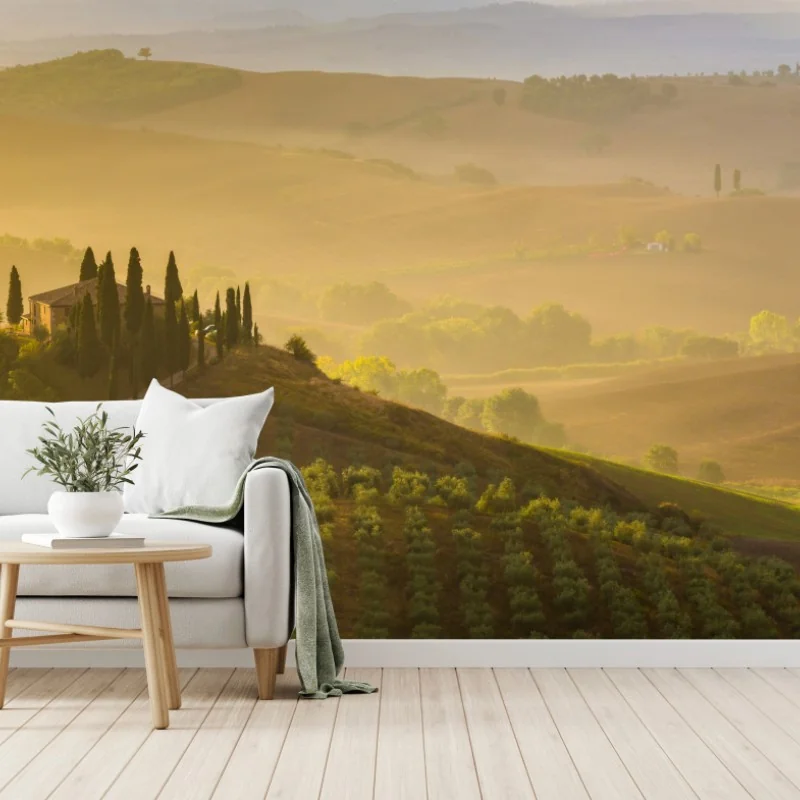 Fototapete nebliger morgen über Val d'Orcia