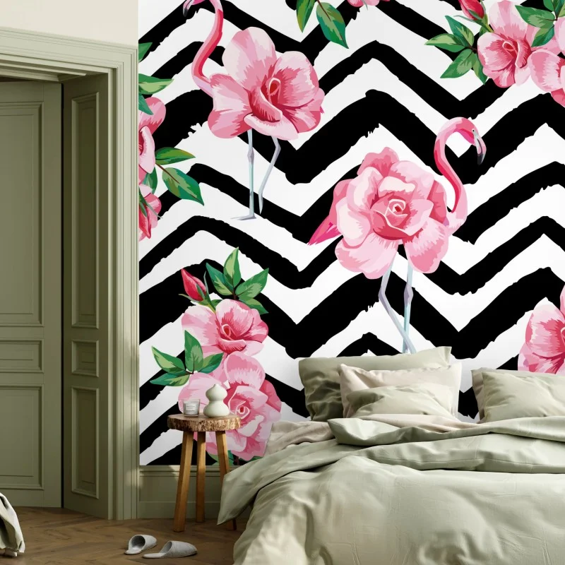 Fototapete tropisches muster mit rosa flamingo und rosen